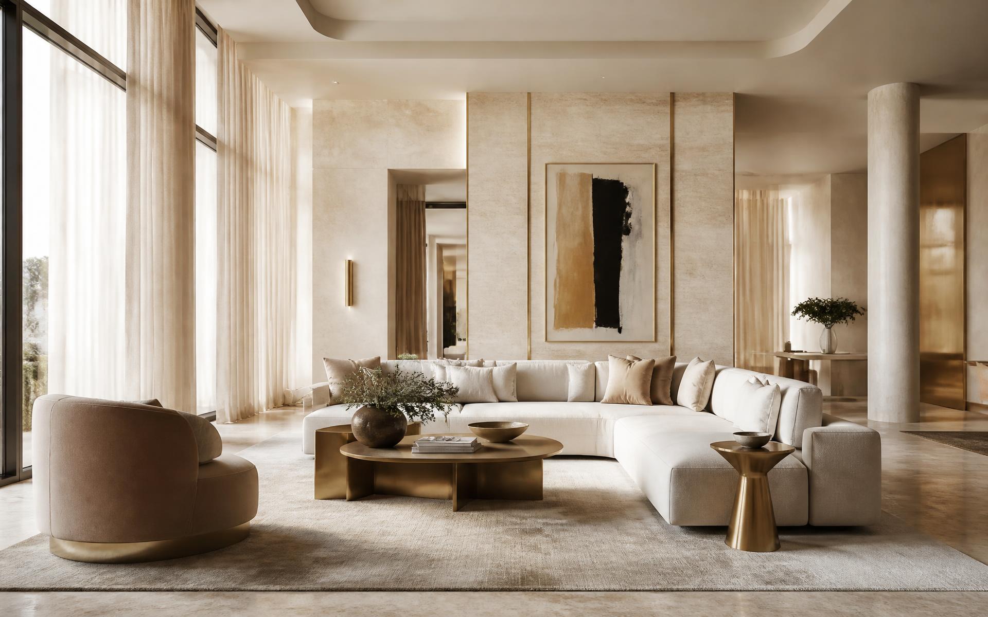 Luxury living room in warm neutrals with champagne detailing
