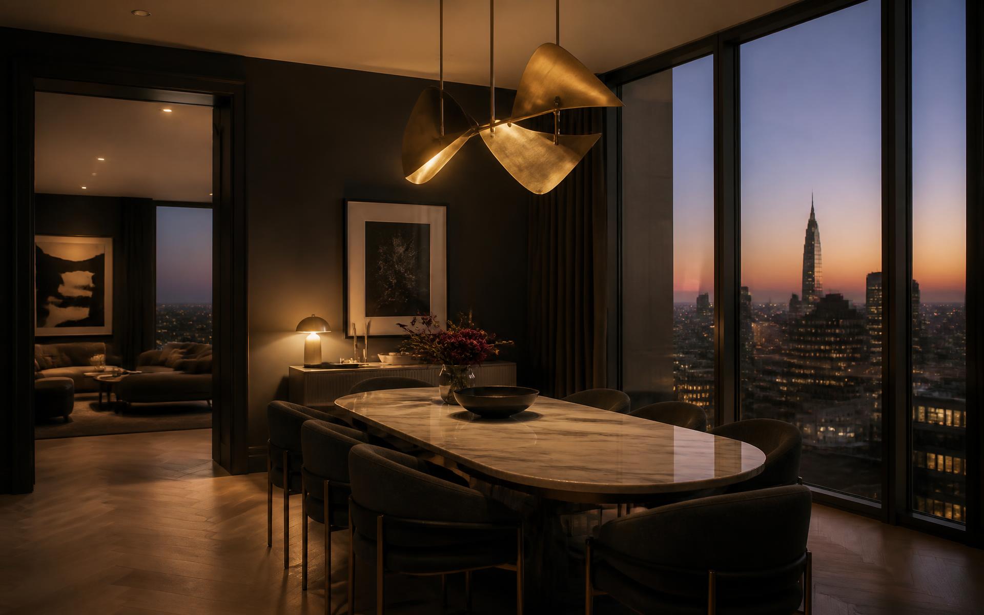 Penthouse dining room at dusk with sculptural brass lighting