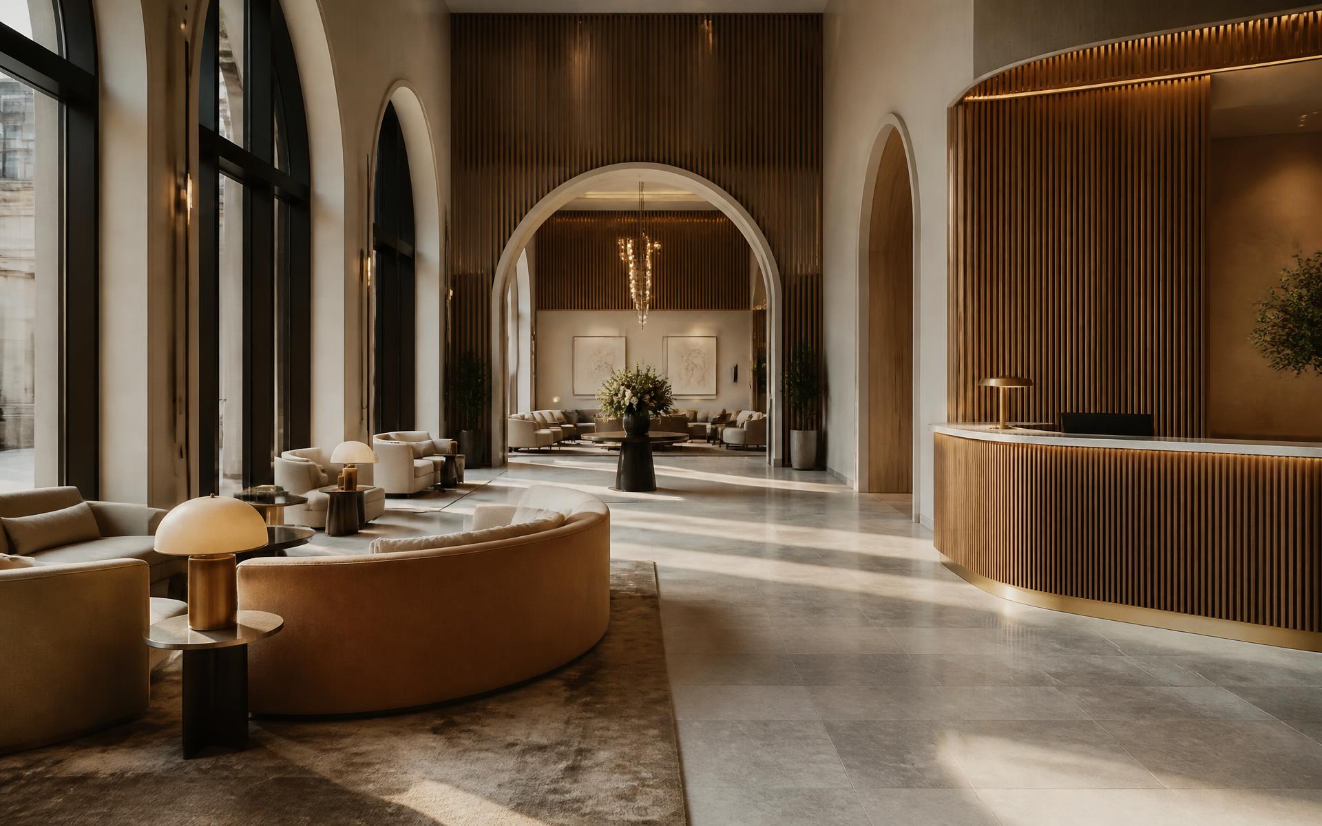 Bespoke hospitality lobby with fluted wood and stone floors